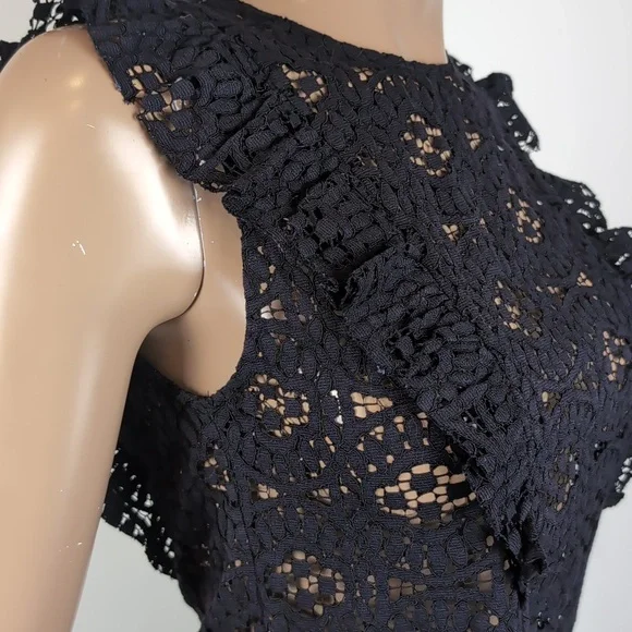 💙Zara Black Lace Pinafore Ruffle Blouse Top Sheer Crochet Flounce Trim Black - Picture 9 of 10